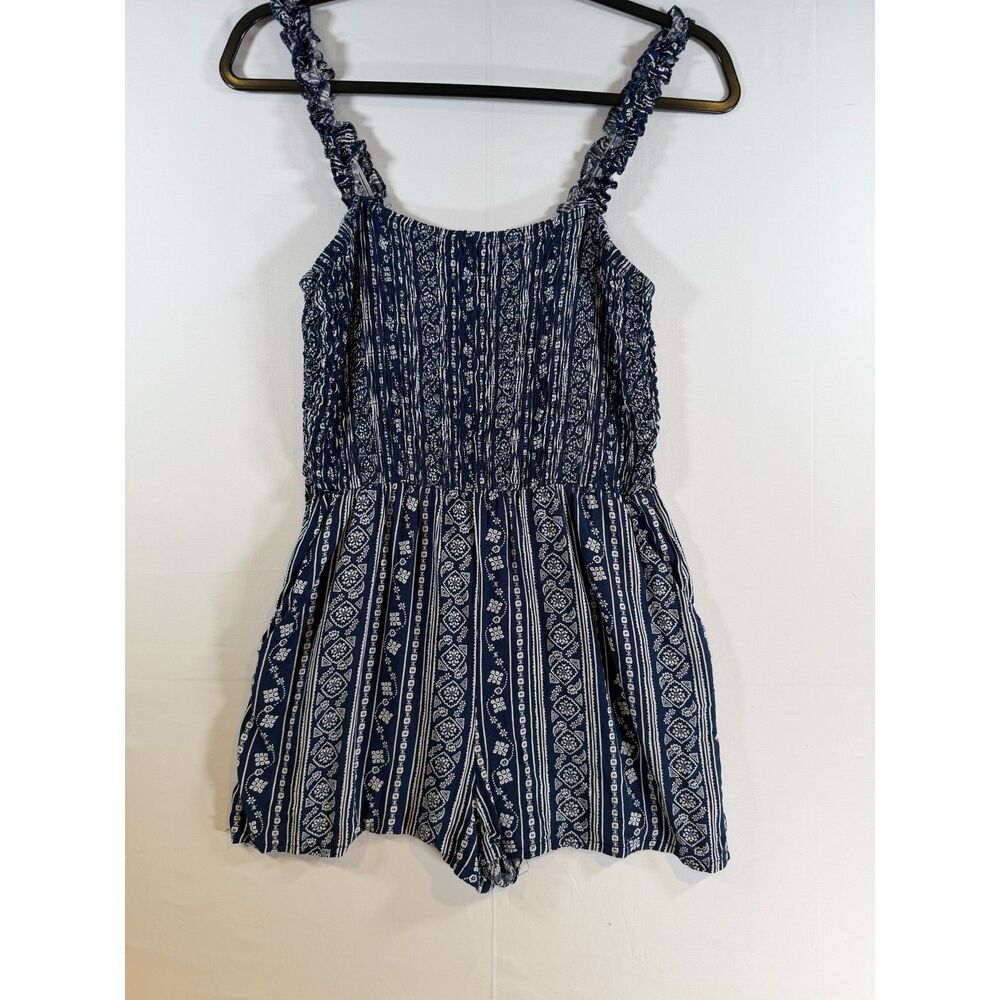 Lily Rose Navy Blue Paisley Smocked Romper Womens Small Sleeveless Ruffle Straps